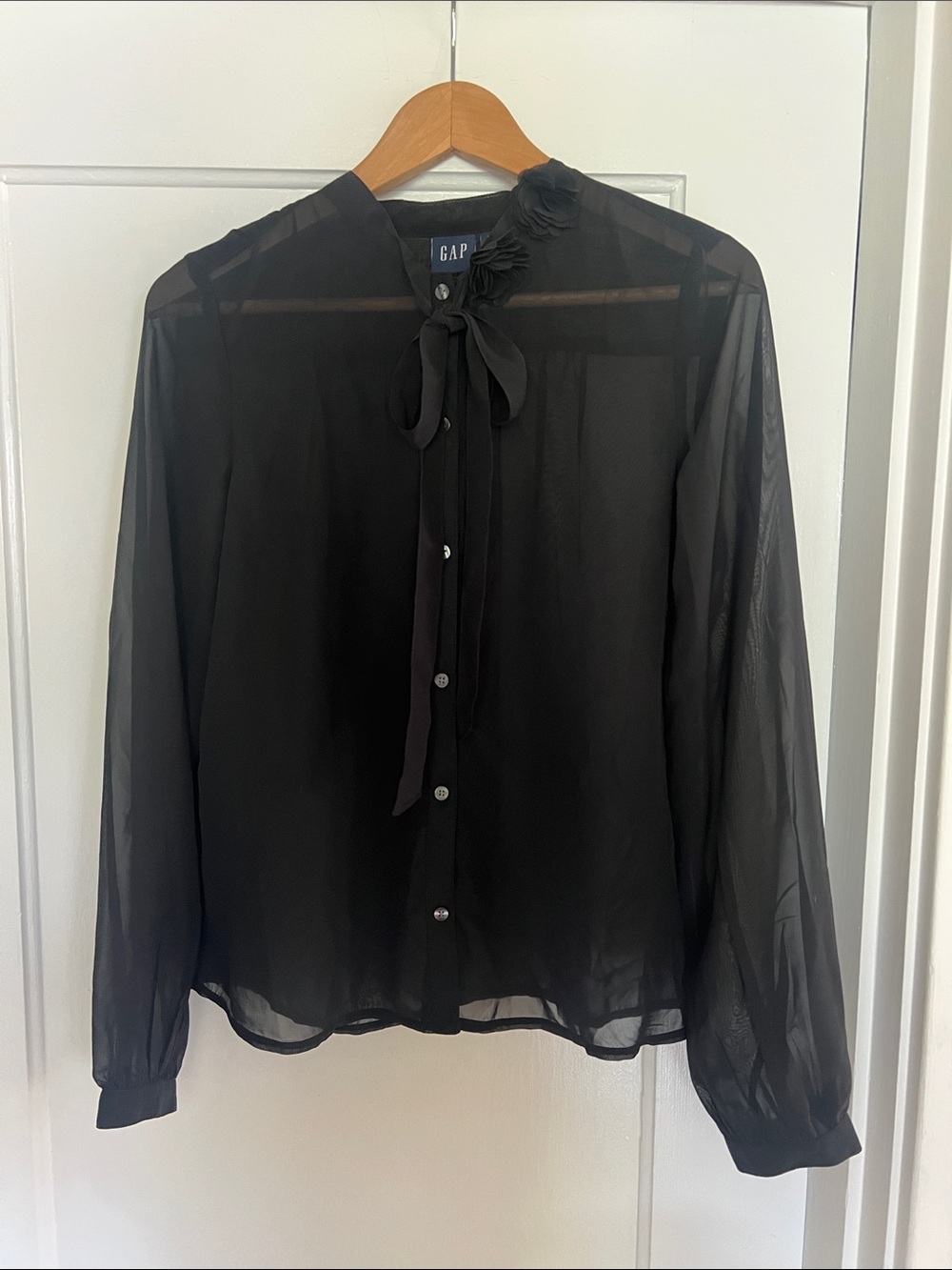 GAP Black Sheer Tie-Neck Blouse with Rosette